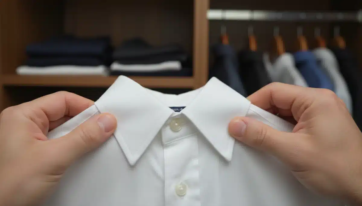 Hands inspecting fabric quality of a white shirt, highlighting durability.