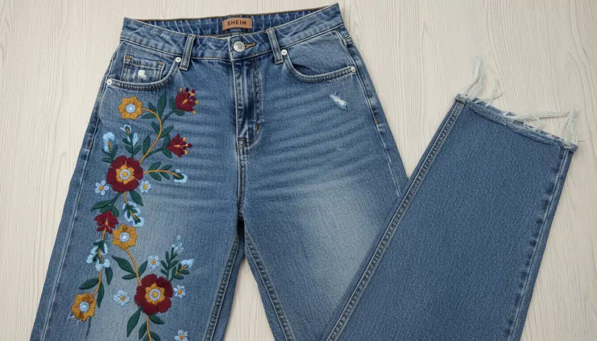 Detailed view of Shein's embroidered wide-leg denim jeans for 2026