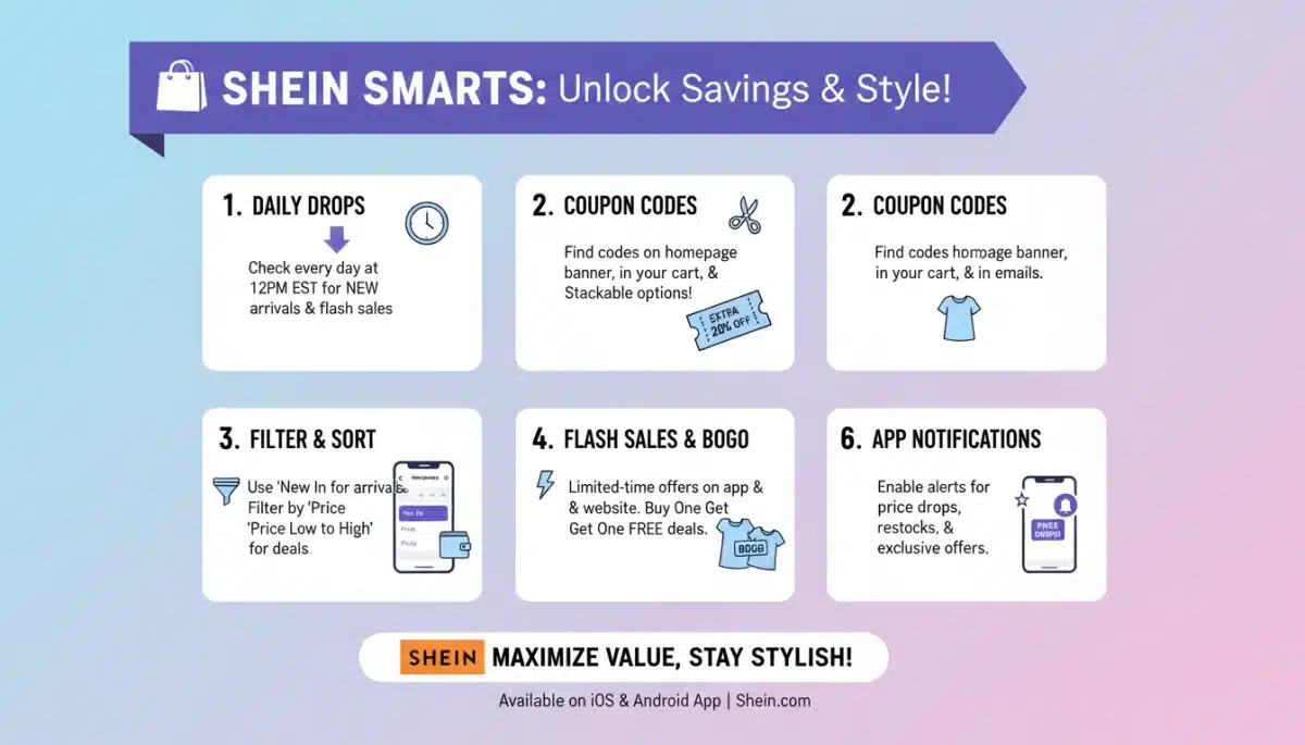 Infographic showing steps to maximize savings on Shein new arrivals.