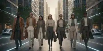 Diverse models in timeless, future-proof fashion, showcasing classic styles in a modern city.