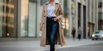 Woman wearing 2026 Shein new arrivals, including a trench coat, white shirt, and dark jeans.