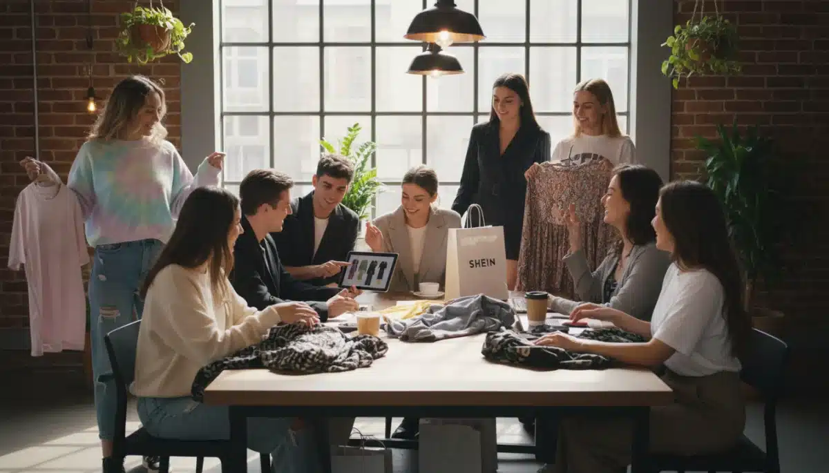 Friends in Shein new arrivals discussing budget fashion strategies in a cafe.