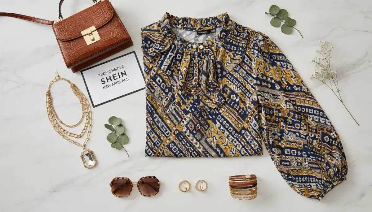 Flat lay of trendy Shein accessories and a top, part of the Time-Sensitive Shein New Arrivals collection, showcasing their fashionable details.