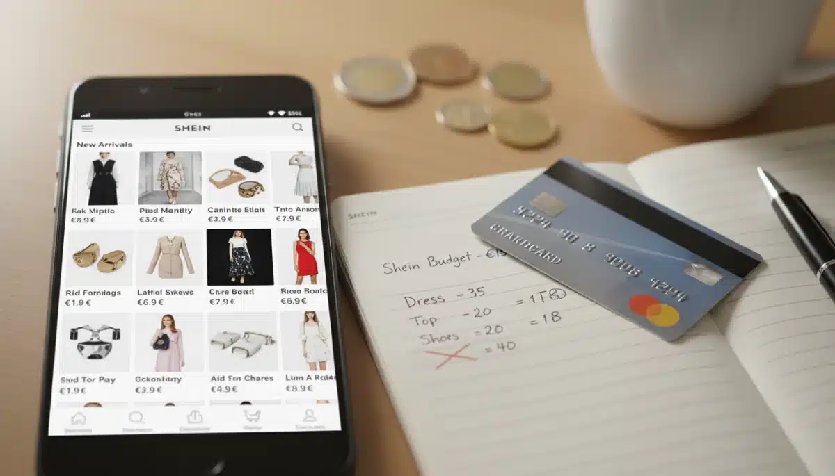 Smartphone with Shein app, credit card, and budget notebook for smart new arrivals shopping.