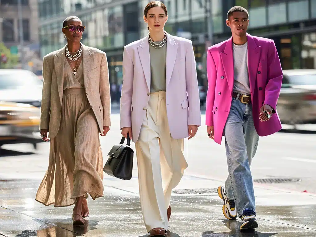 Street style fashion showcasing bold accessories, oversized blazers, and sustainable fabrics for Spring 2026.