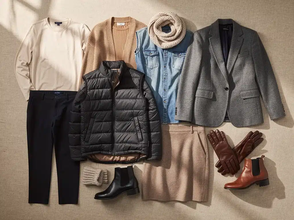 Capsule wardrobe flat lay for fall to winter layering