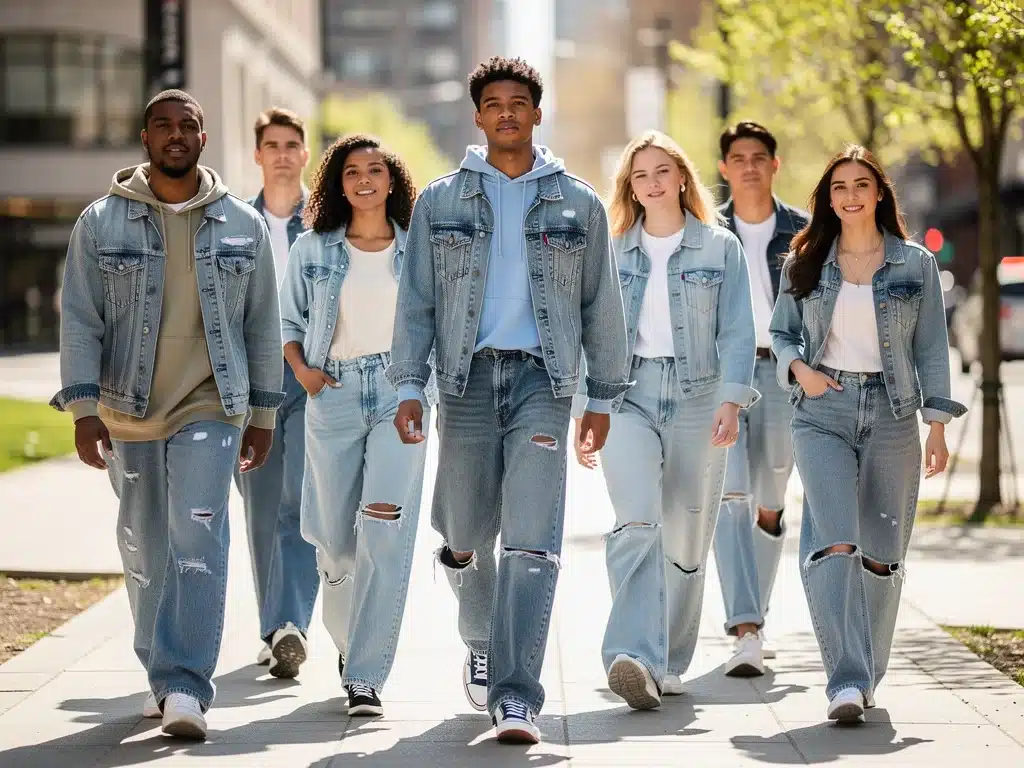 Diverse individuals wearing various trendy denim cuts and washes.
