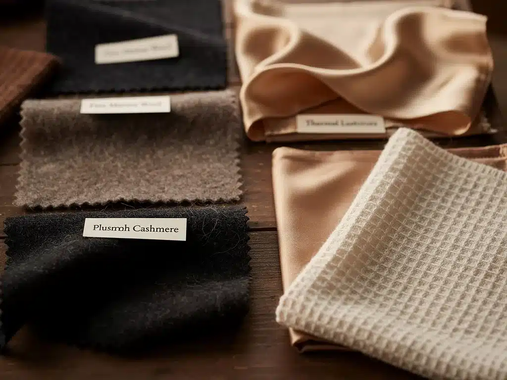 Fabric swatches for fall to winter layering, merino wool cashmere silk