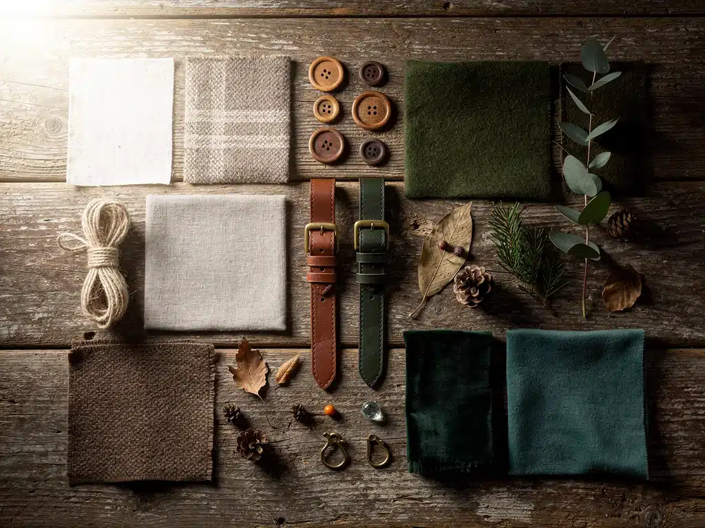 Fabric swatches and accessories in earthy neutrals and deep forest hues for Fall 2026 fashion