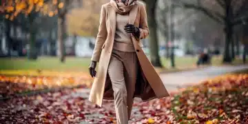 Stylish woman in layered fall to winter outfit, city park