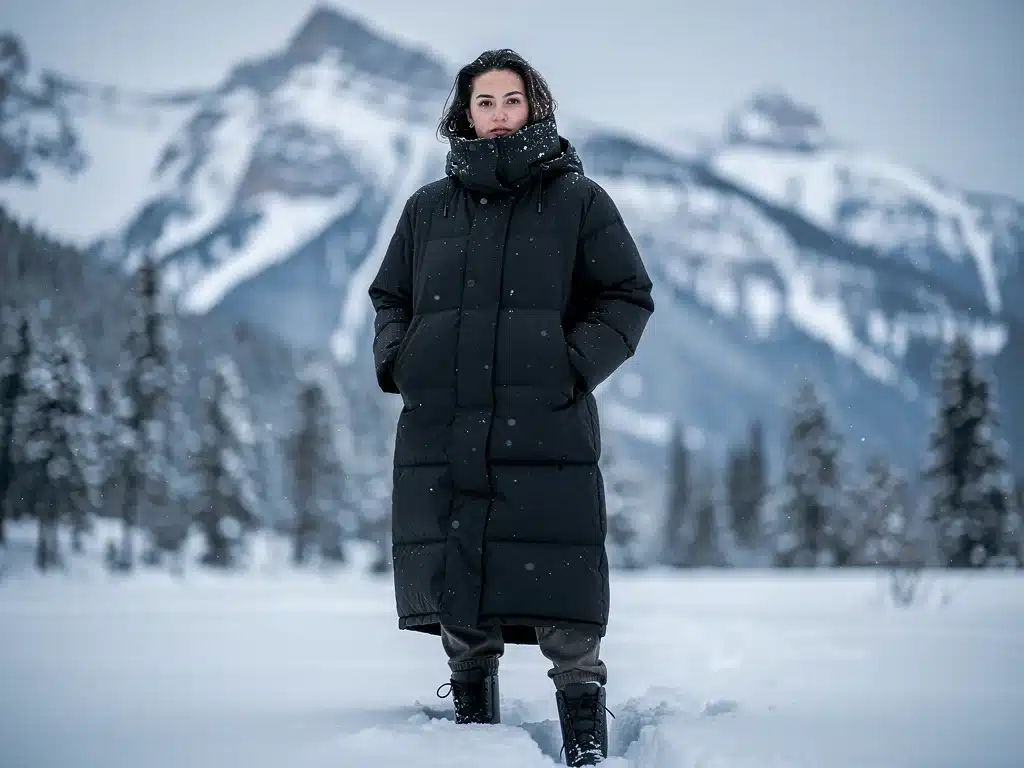 Oversized black quilted puffer coat in a snowy mountain setting, for extreme warmth