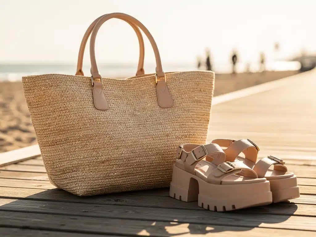 Oversized woven tote bag and platform sandals, summer 2026 trend