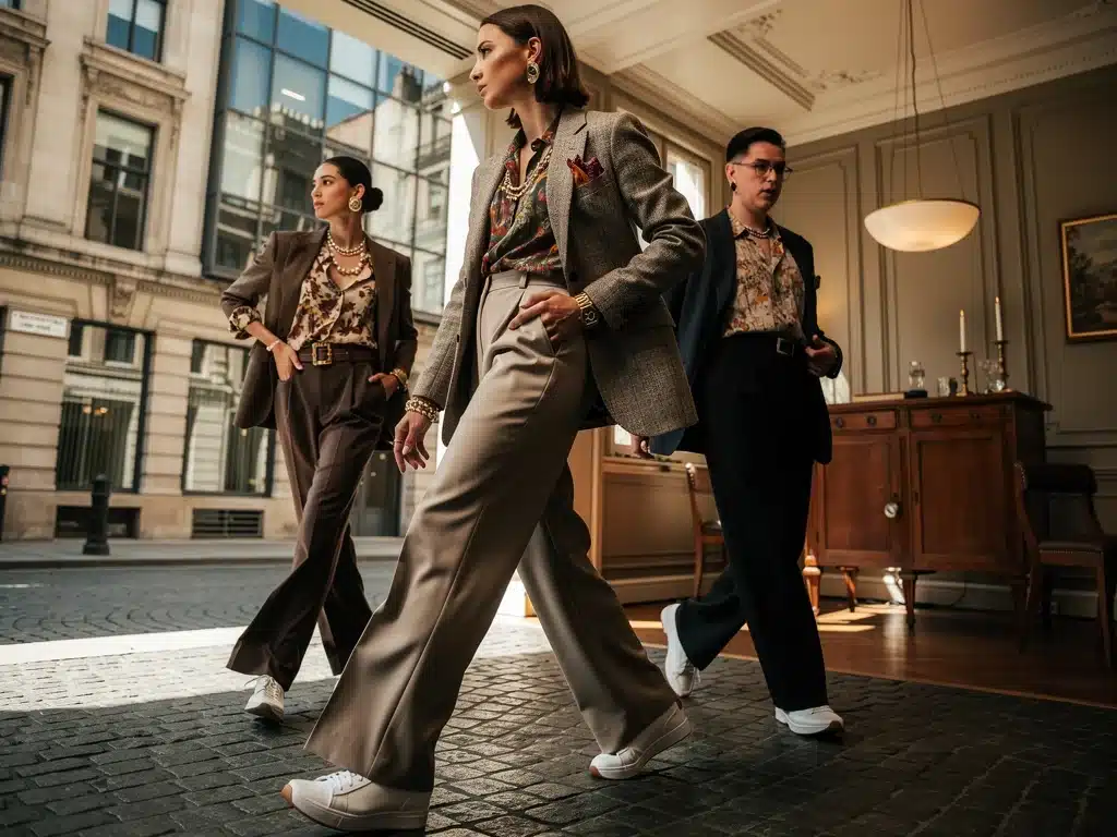 Individual blending vintage-inspired fashion with modern silhouettes, embodying the 'Reimagined Heritage' trend for 2026.