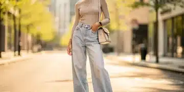Model in light wash wide leg jeans, embodying spring 2026 denim trends.