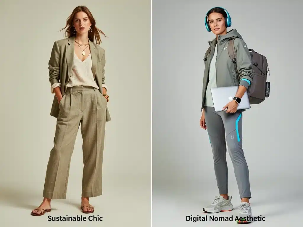 Sustainable chic and digital nomad aesthetic fashion trends side by side, showcasing eco-friendly materials and versatile clothing.