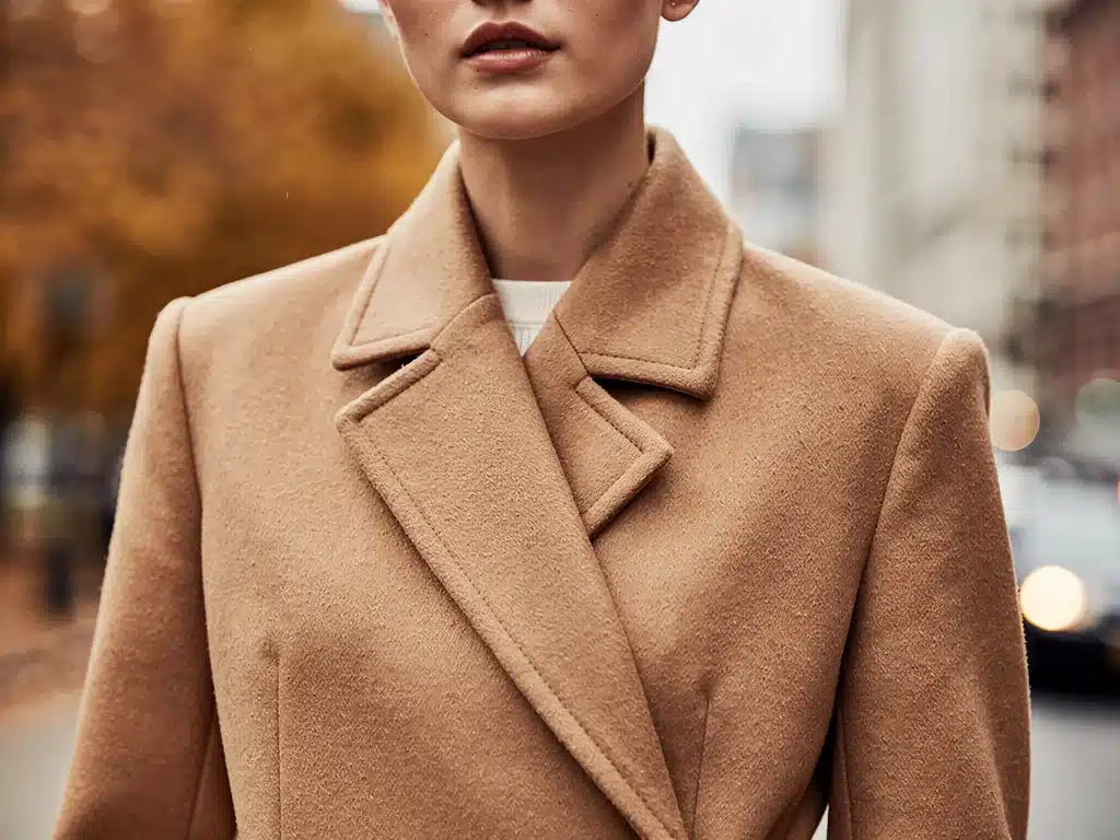 Model wearing a tailored camel wool coat, a key quiet luxury investment piece.