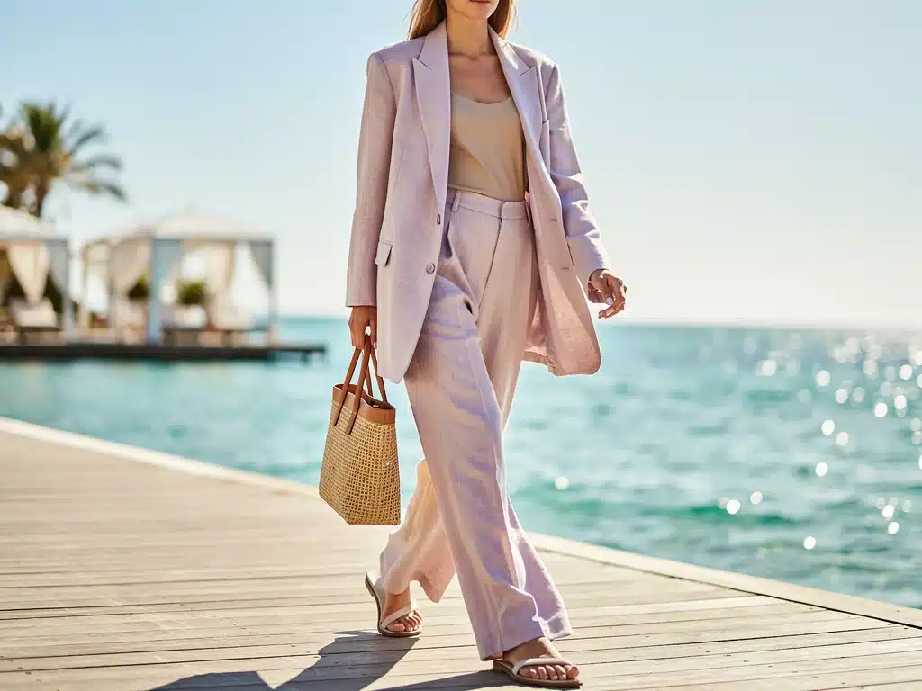 Model in tailored linen co-ord set, embodying 2026 resort wear sophistication