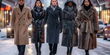 Models showcasing diverse winter 2026 coats on a snowy city street