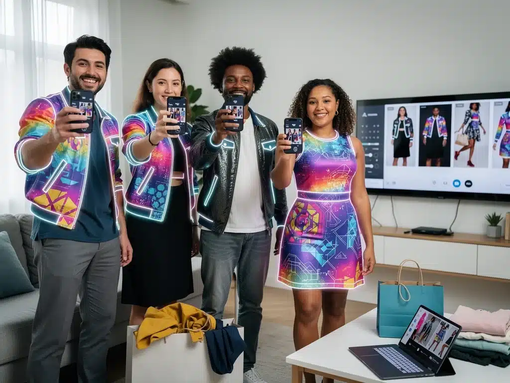 Consumers using AR fashion try-on for digital print garments.