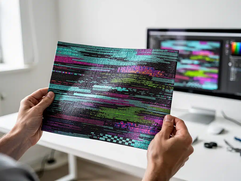 Digital-inspired fabric print swatch in a designer's studio.