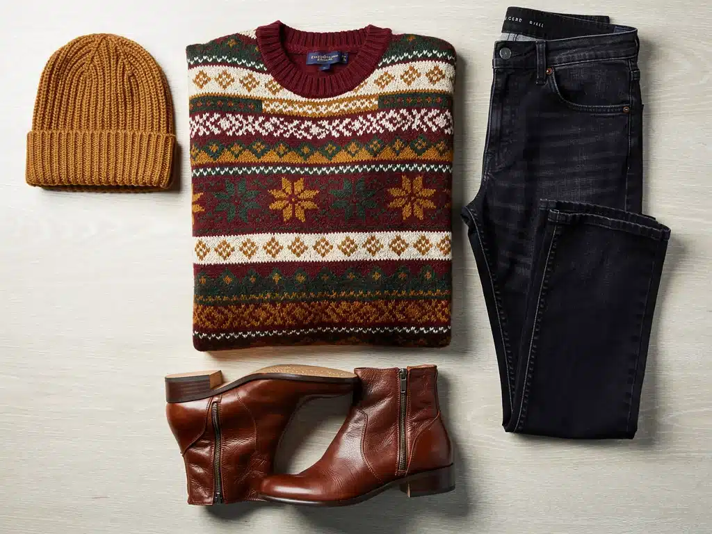 Oversized fair isle sweater with jeans and winter accessories