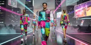 Metaverse fashion runway with models in digital-inspired summer 2026 prints.