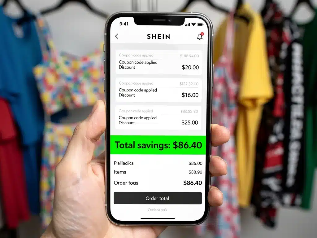 Shein app checkout page showing stacked coupons and total savings