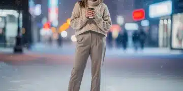Stylish woman wearing cozy cable-knit sweater in winter city