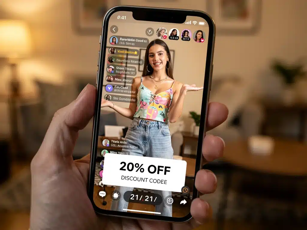 Shein live stream with exclusive discount code on screen
