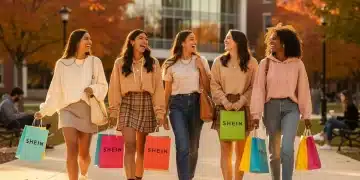 College students excitedly showing Shein shopping bags on campus